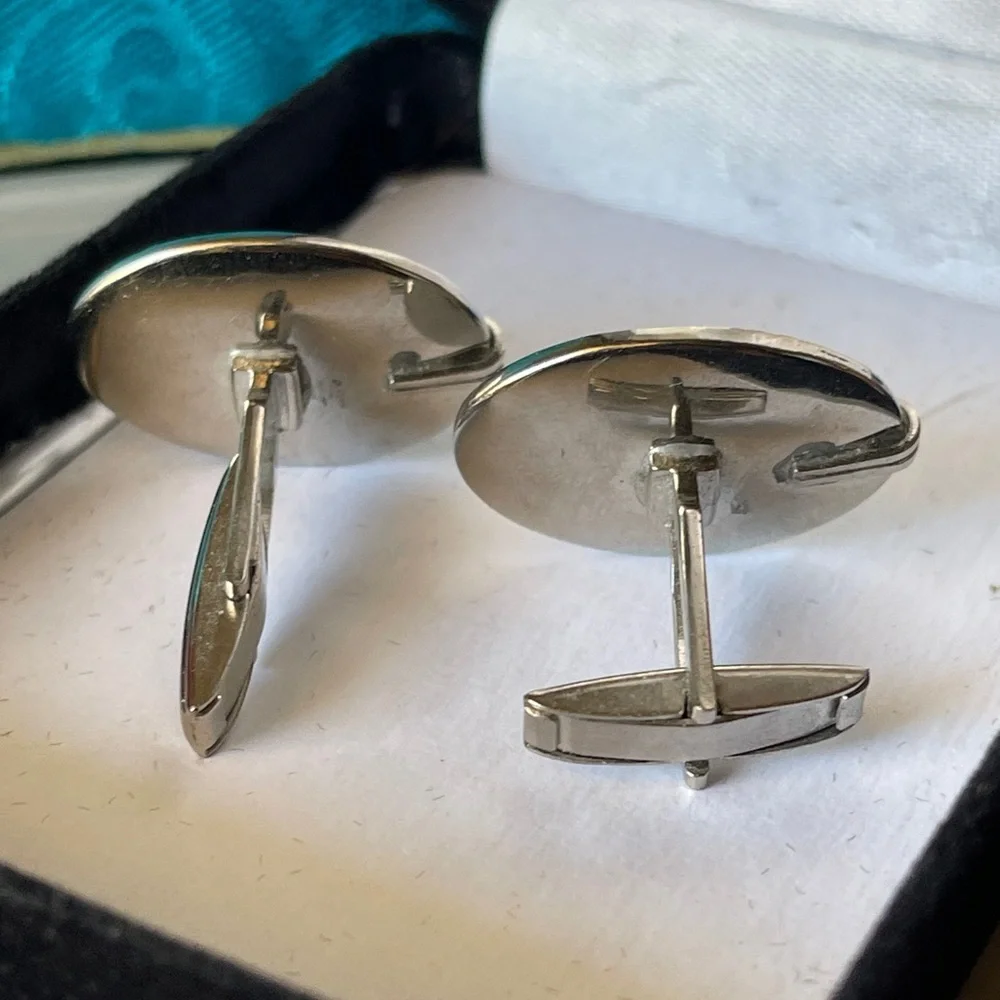 Silver Oval Cufflinks with Black Stone Accent